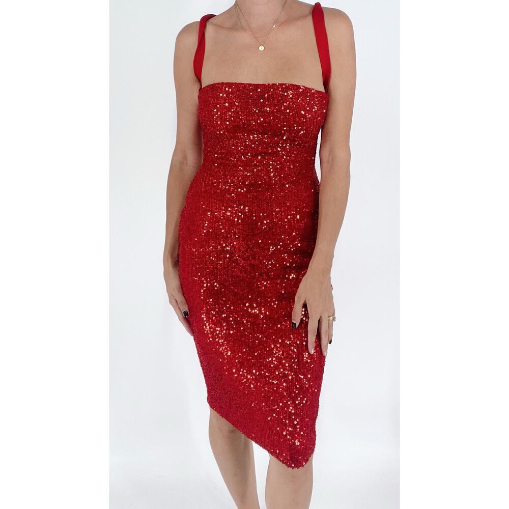 Women's Red Corset Sparkly Sequin Bodycon Tea Length Back Tie Dress Size Small